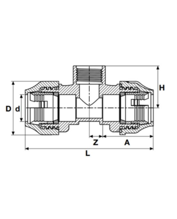 Plastic threaded tee for PE pipe PIMTAS 50 x 1" middle x 50, EX70002311M