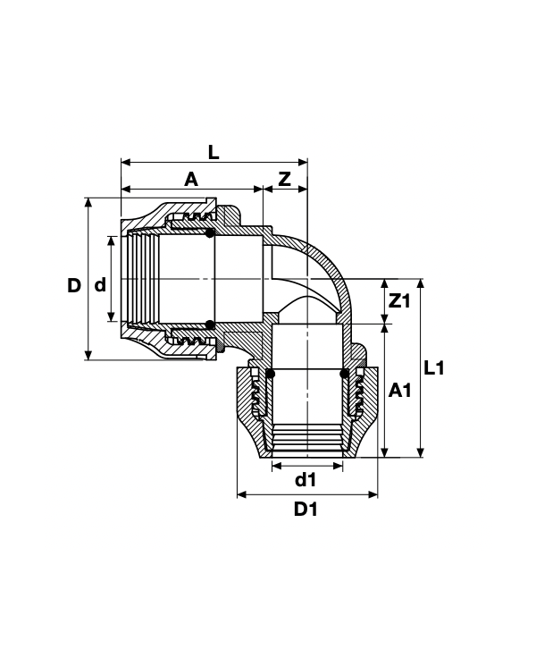 Пластиковая зажимная редуцированная elbow для ПЭ трубы PIMTAS 32 x 25, EX70001801