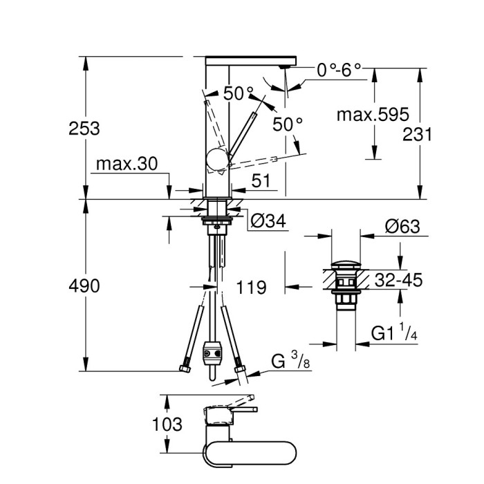 Jaundzīvokļa izlietnes maisītājs GROHE Plus L 231 mm, 23844003