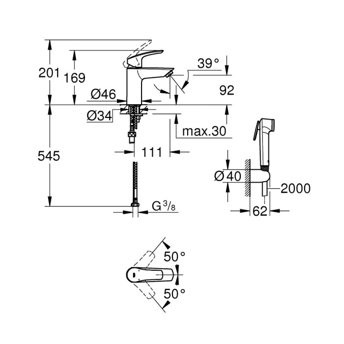 Смеситель для раковины с ручным душем GROHE EuroSmart, 23124003