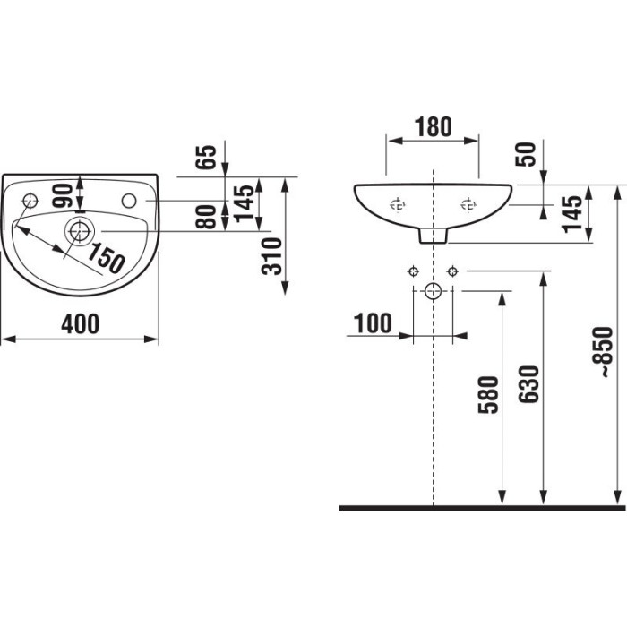 Mazs piekārts izlietne JIKA Lyra Plus, 400 x 310 mm, (jaucējkrāna atvere labajā pusē)