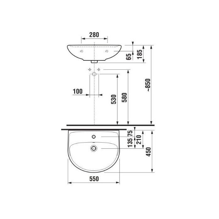Смывное устройство JIKA Lyra Plus, 550 x 450 мм, (отверстие для смесителя в центре)