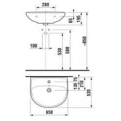 Wall-mounted sink JIKA Lyra Plus, 650 x 520 mm, (mixer hole in the center)