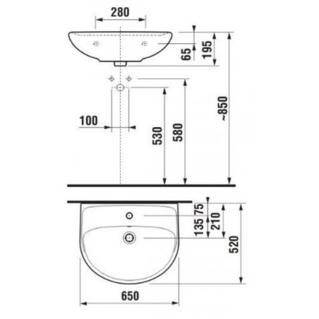 Wall-mounted sink JIKA Lyra Plus, 650 x 520 mm, (mixer hole in the center)