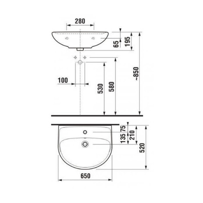 Wall-mounted sink JIKA Lyra Plus, 650 x 520 mm, (mixer hole in the center)