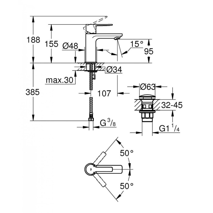 GROHE Lineare basin mixer with pop-up waste, 32109002