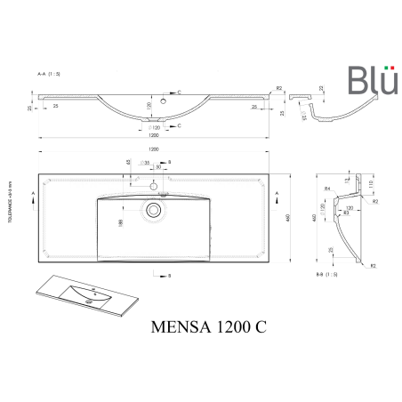 Baldinis - piekārts akmens masas izlietne BLU Mensa, 1200 x 460 mm