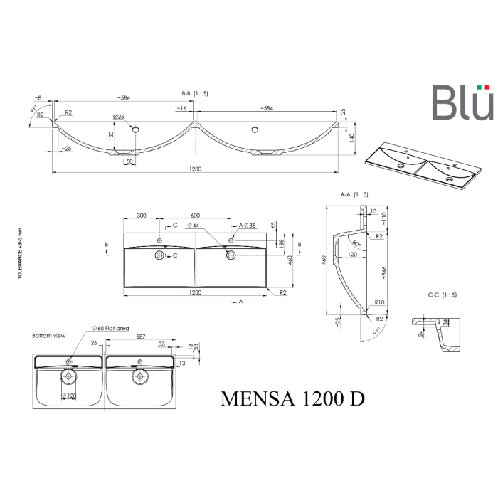 Baldinis - suspended stone mass sink BLU Mensa, 1200 x 460 mm