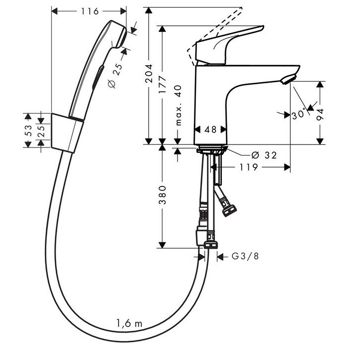 Washbasin mixer with pop-up waste and bidet shower HANSGROHE Focus 31927000