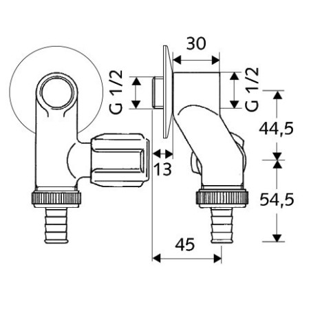 Клапан угловой хромированный стиральной машины SCHELL 1/2"" x 3/4""