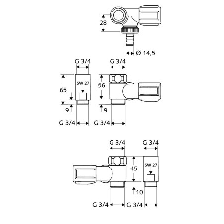 Leņķa vārsts hromēts veļas mašīnai SCHELL 3/4"" x 3/4"" - 45 mm