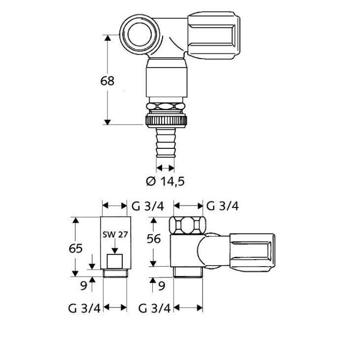 Valve corner chrome washing machine SCHELL 3/4"" x 3/4"" - 56 mm