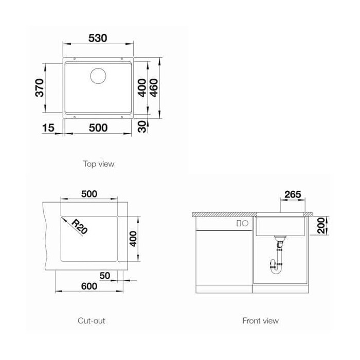 Under the countertop, a BLANCO ETAGON 500-U sink is installed, 53x46 cm, Truffle.