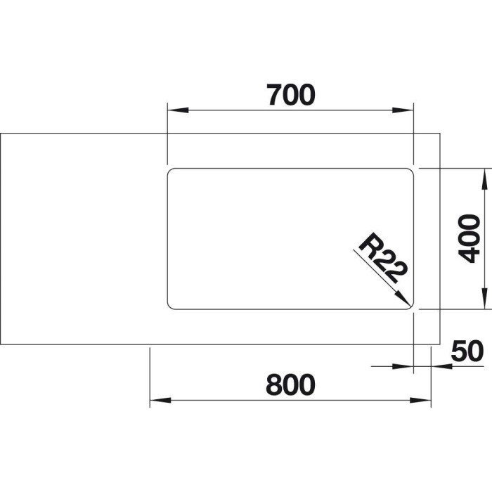 Under the countertop is installed the BLANCO ANDANO 700-U sink, 74x44 cm, without an eccentric valve.