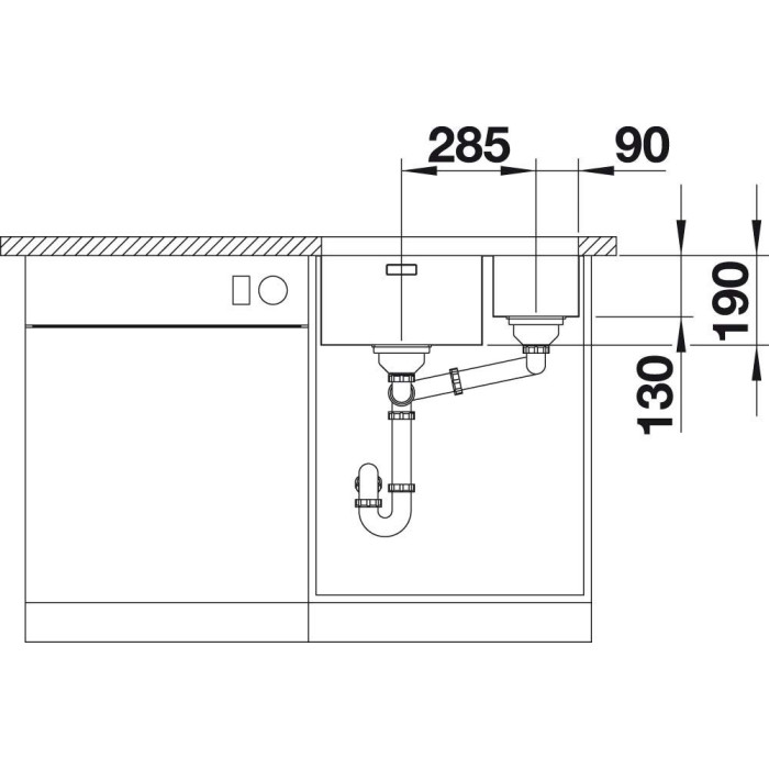 Under the countertop, a BLANCO ANDANO 340/180-U sink is installed, 58.5x40 cm, without an eccentric valve, bowl on the left.