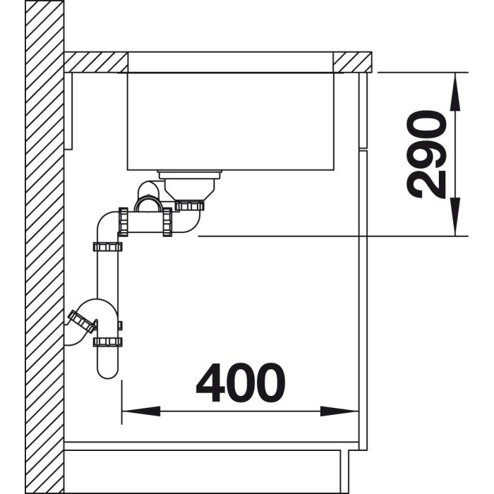 Под столешницей устанавливается мойка BLANCO ANDANO 340/180-U, 58.5x40 см, без эксцентрикового вентиля, чаша слева