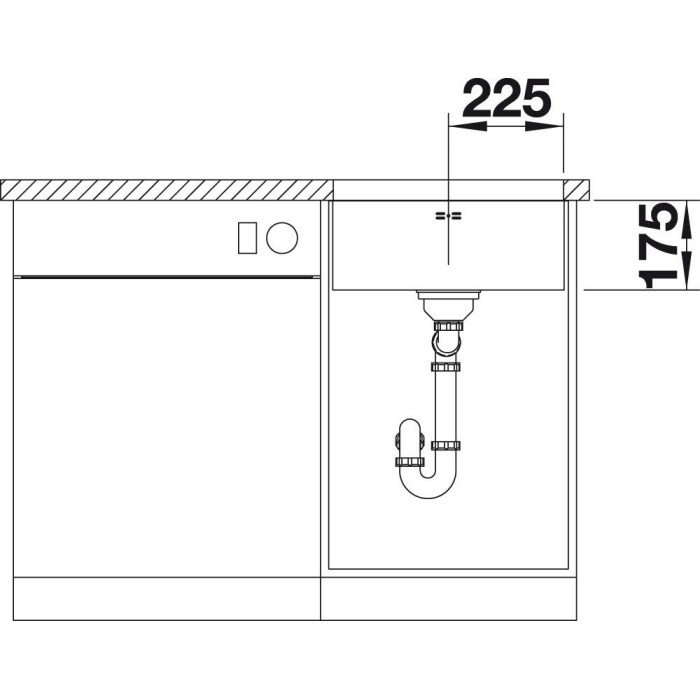 Под столешницей устанавливается мойка BLANCO SUPRA 450-U, 48x43 см, без эксцентрикового вентиля.