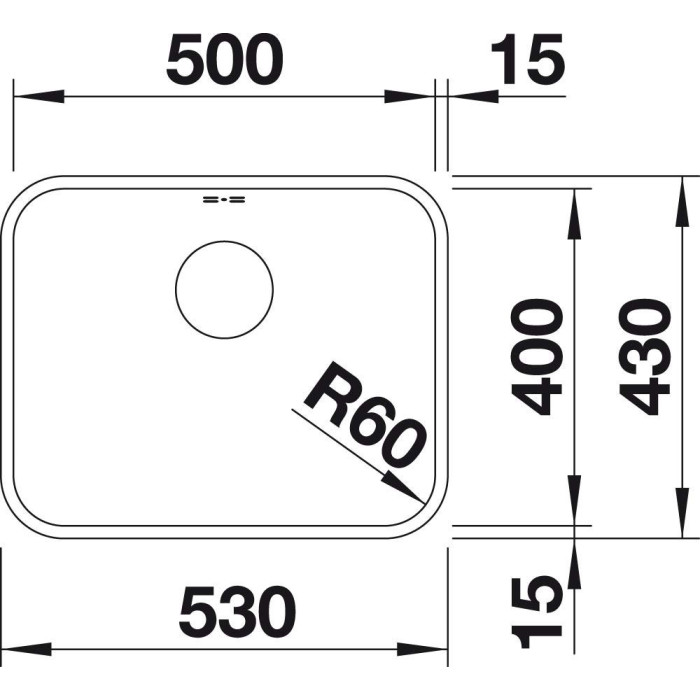 Under the countertop, a BLANCO SUPRA 500-U sink is installed, 53x43 cm, without an eccentric valve.