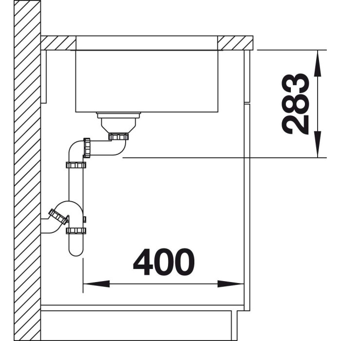Under the countertop, a BLANCO SUPRA 500-U sink is installed, 53x43 cm, without an eccentric valve.