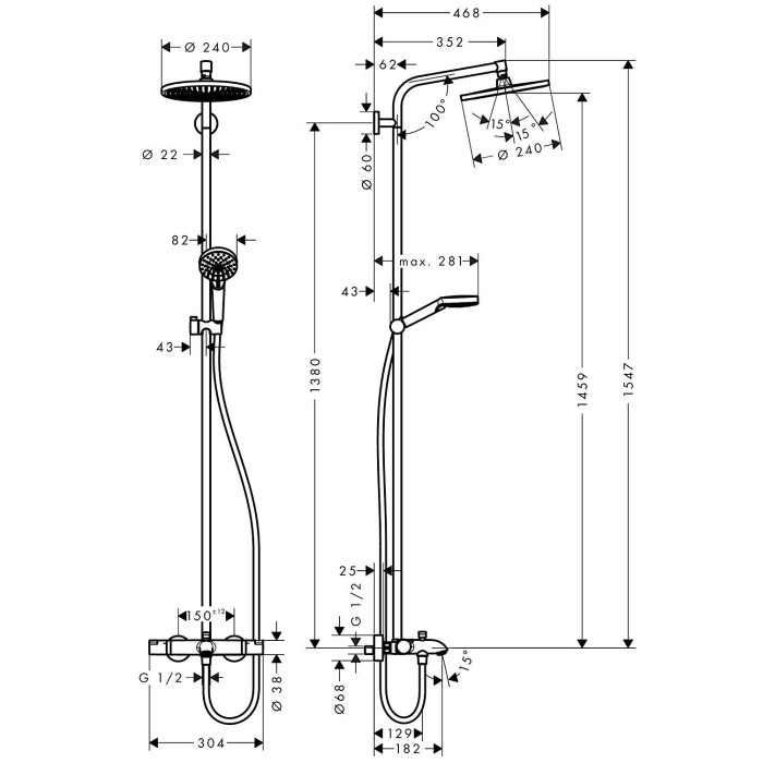 Термостатическая система дождевого душа с насадкой HANSGROHE Crometta E 240 1jet, 27298000