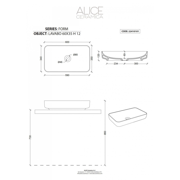 Умывальник настольный ALICE CERAMICA Размер 60 x 35 см