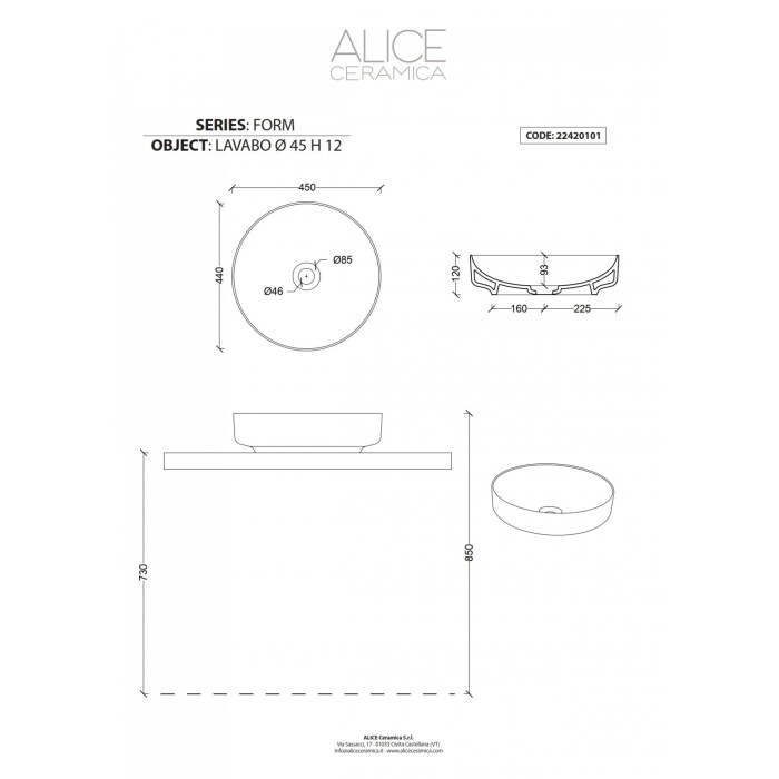 Izlietne brīvi stāvoša ALICE CERAMICA Forma 45 cm