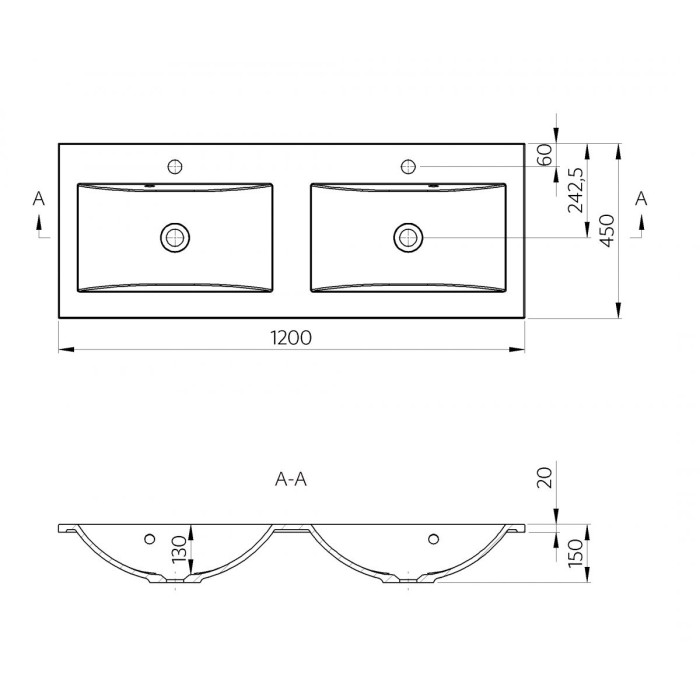Baldinis - suspended stone mass sink VINCENTO Madeira 1200 mm