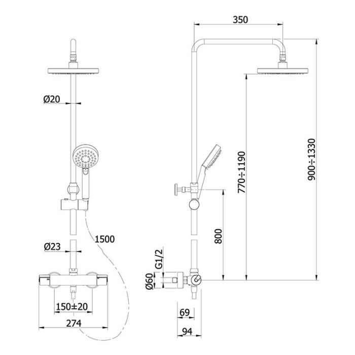 Black overhead thermostatic shower system OMNIRES Y1244LUXBL with a metal shower head