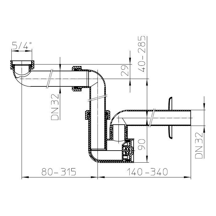 Sifons vietu taupojo izlietnei ar nosēdēju, bez ventilis HL 1 1/4"" x 32 mm, HL137/32