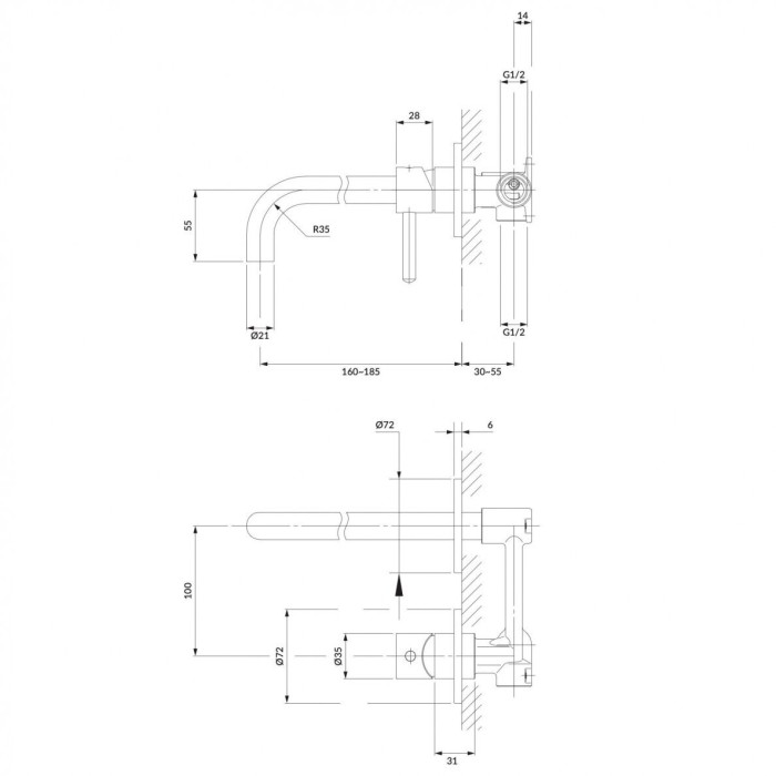 Built-in-wall faucet for sink OMNIRES with brushed gold accents, Y1215HGLB